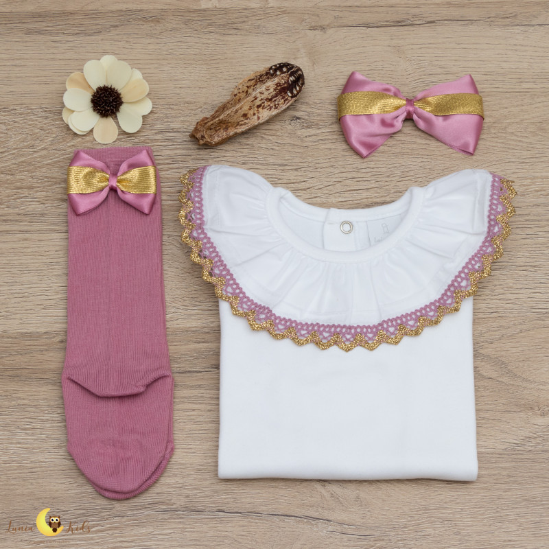 Conjunto Clássico Rosa velho & Dourado