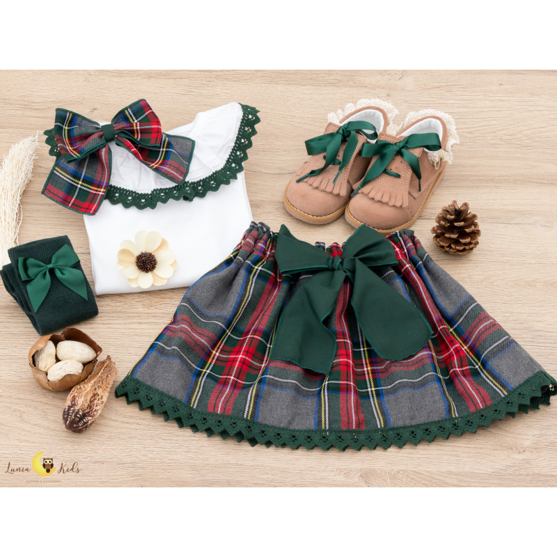 Conjunto Saia Xadrez Escocês Verde Natal