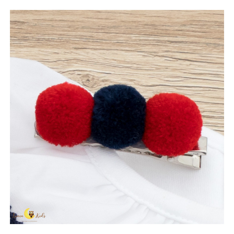 Gancho pompom azul marinho/vermelho